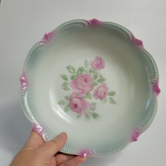 Koenigszelt Silesia Serving Bowl 9 Inch Pink Roses Green Leaves Beaded Boarder - Picture 3 of 15